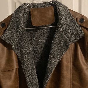 Retro demi-bomber faux leather and fur lined jacket!